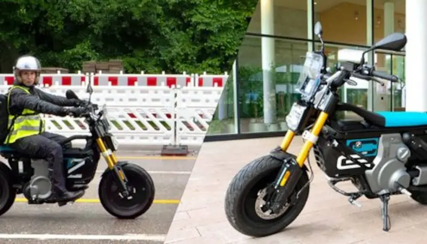 Zwei BMW E-Scooter: links ein Fahrer mit Helm und Warnweste, rechts ein Roller vor Gebäude.