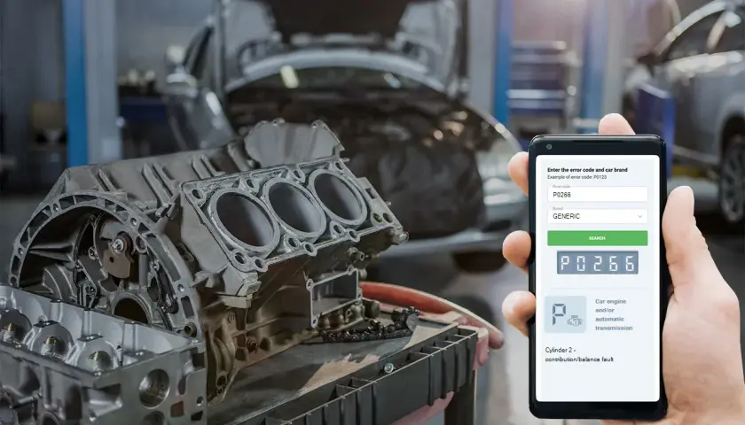 Hand hält Smartphone mit Fehlercode P0266 für einen Mercedes, daneben ein zerlegter Motorblock in einer Werkstatt.