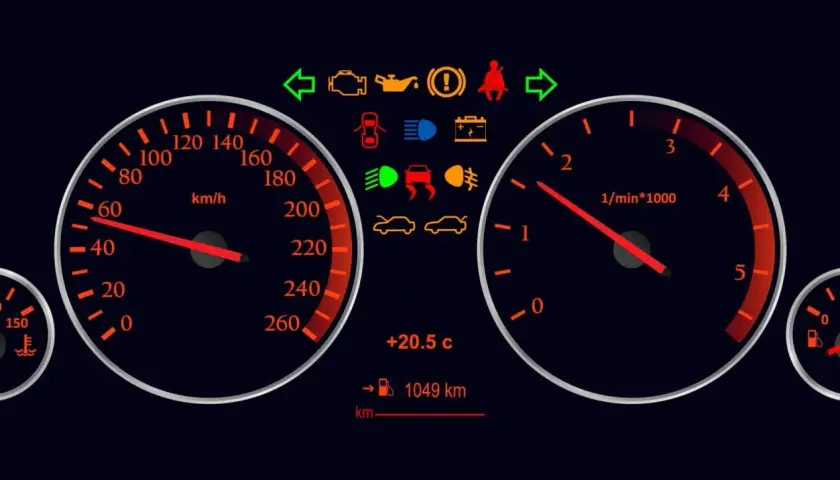 Armaturenbrett mit leuchtenden Warnsymbolen, Tachometer und Drehzahlmesser.