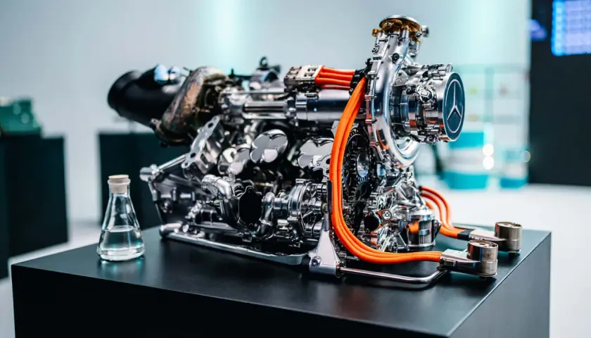 Ein hochmoderner F1 Motor, glänzend und komplex, mit leuchtend orangen Kabeln. Daneben ein Kolben und ein Becherglas mit Flüssigkeit.