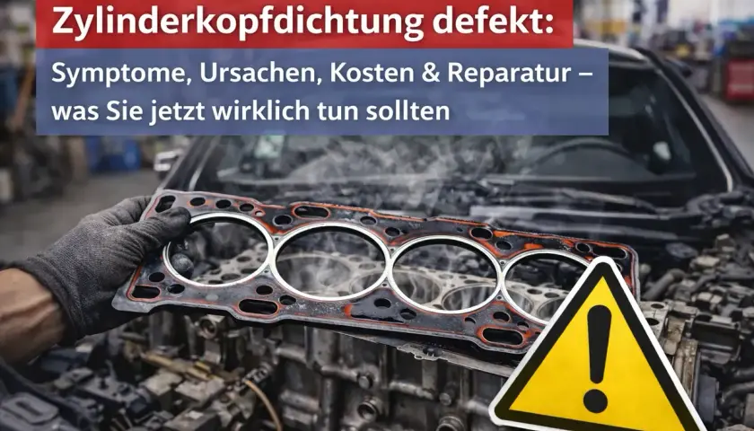 Hand hält defekte Zylinderkopfdichtung. Dampf steigt auf. Warnschild. Symptome eines defekten Zylinderkopfdichtung erkennen.