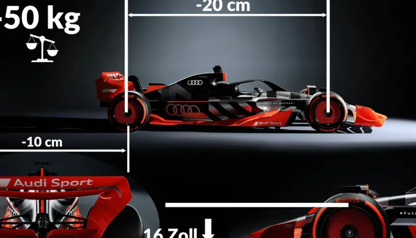 Formel-1-Auto von Audi Sport mit Maßen und Gewichtsangabe.