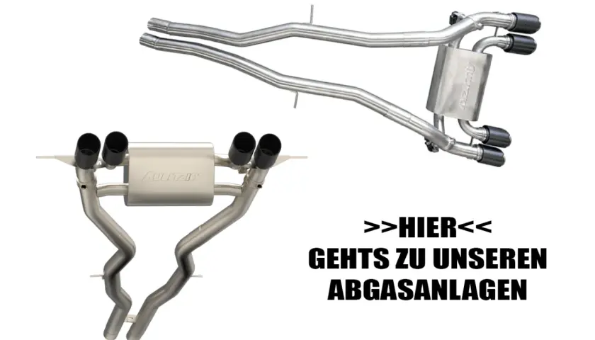 Hochwertiger Aufbau einer Abgasanlage mit vier Endrohren und einem Schalldämpfer. Hier geht's zu unseren Abgasanlagen.
