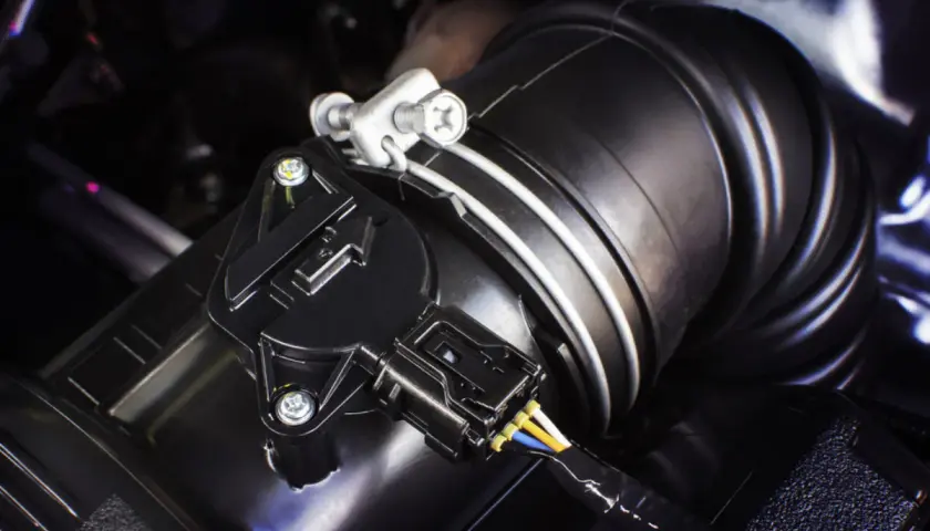 Luftmassenmesser (p0237 vw) mit Kabelstecker und Ansaugschlauch eines Autos.