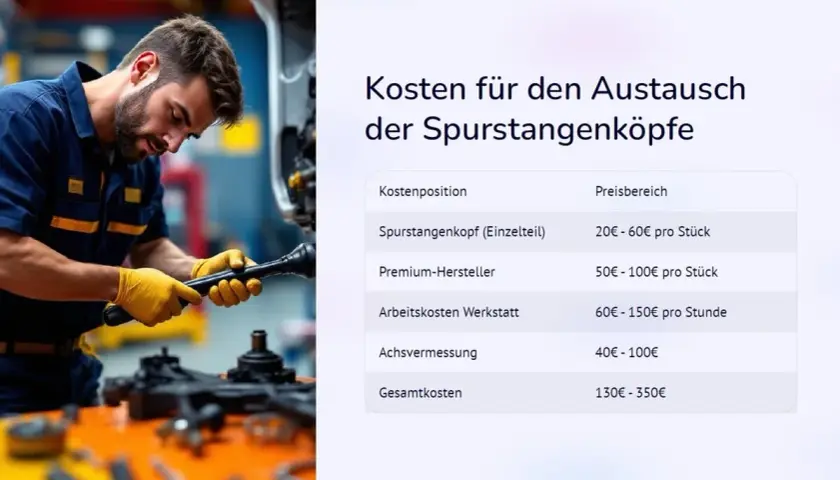 Mechaniker mit Werkzeug arbeitet an Autoteilen, daneben eine Kostentabelle für Spurstangenköpfe.