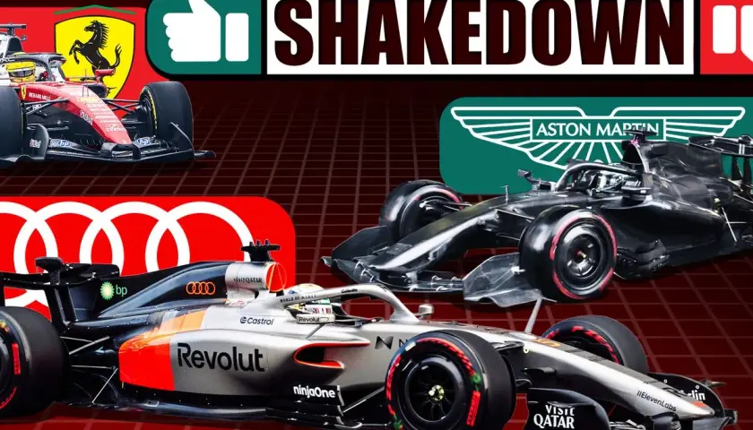F1-Boliden von Ferrari, Aston Martin und Audi im Shakedown.