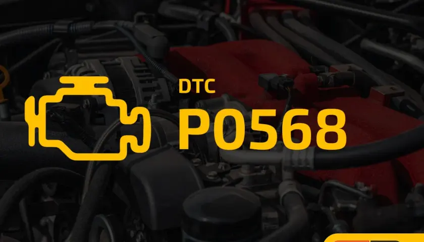 Gelbe Motorkontrollleuchte mit DTC P0568 über einem Auto-Motor.