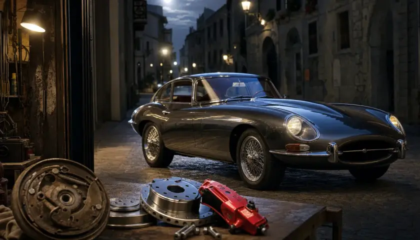 Klassischer Jaguar E-Type mit Ersatzteilen. Die Trommelbremse Kosten sind hier ein Thema, während das Auto in einer Gasse steht.