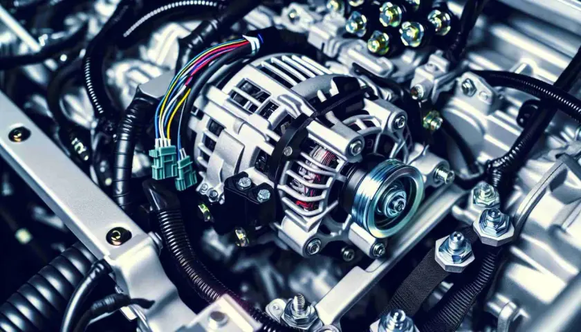 Detailaufnahme eines p0562 vw Lichtmaschinen-Generators mit bunten Kabeln und Riemen.