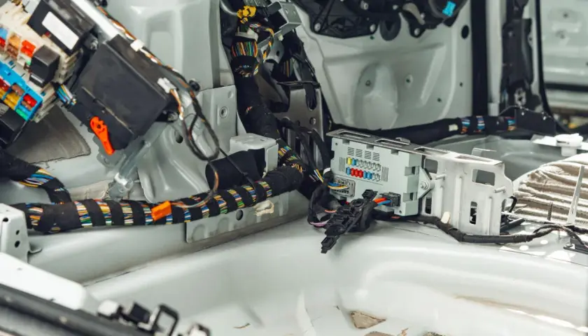 Innenraum eines Ford mit freiliegender Verkabelung und Sicherungskasten. Der p0700 Ford-Fehlercode deutet auf ein Problem mit dem Getriebesteuermodul hin.