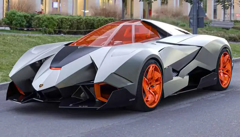 Futuristischer Lamborghini Egoista mit orangefarbenem Cockpit und Felgen. Der Lamborghini Egoista Preis ist astronomisch.