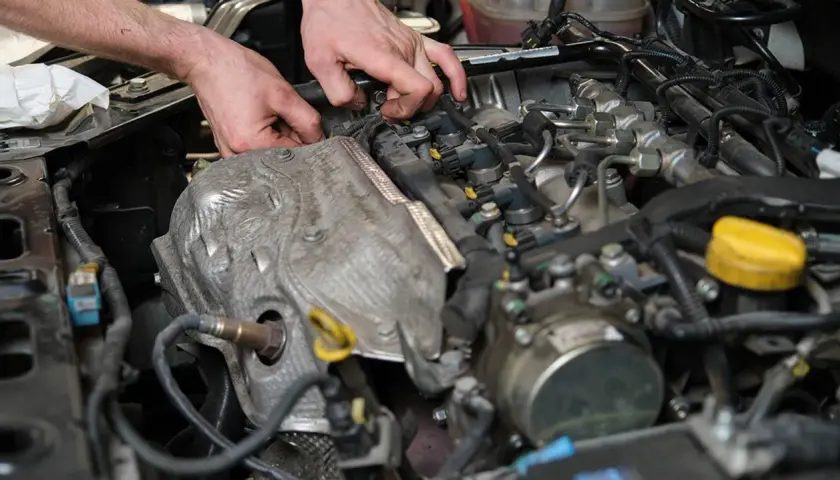 Mechaniker repariert Motor. Mögliche nockenwelle defekt symptome sind unruhiger Leerlauf und Leistungsverlust.