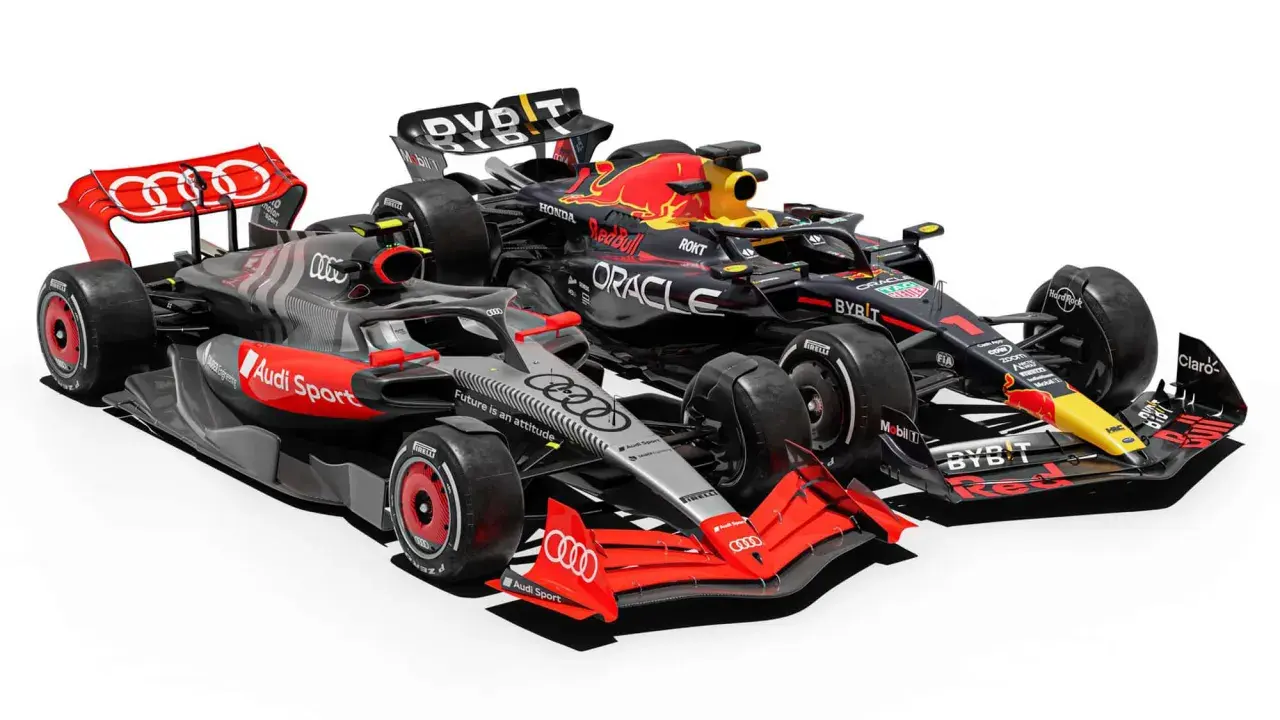 Zwei Formel 1 Autos im Vergleich: ein schwarzer Red Bull Racing Bolide und ein grauer Audi Sport Rennwagen.