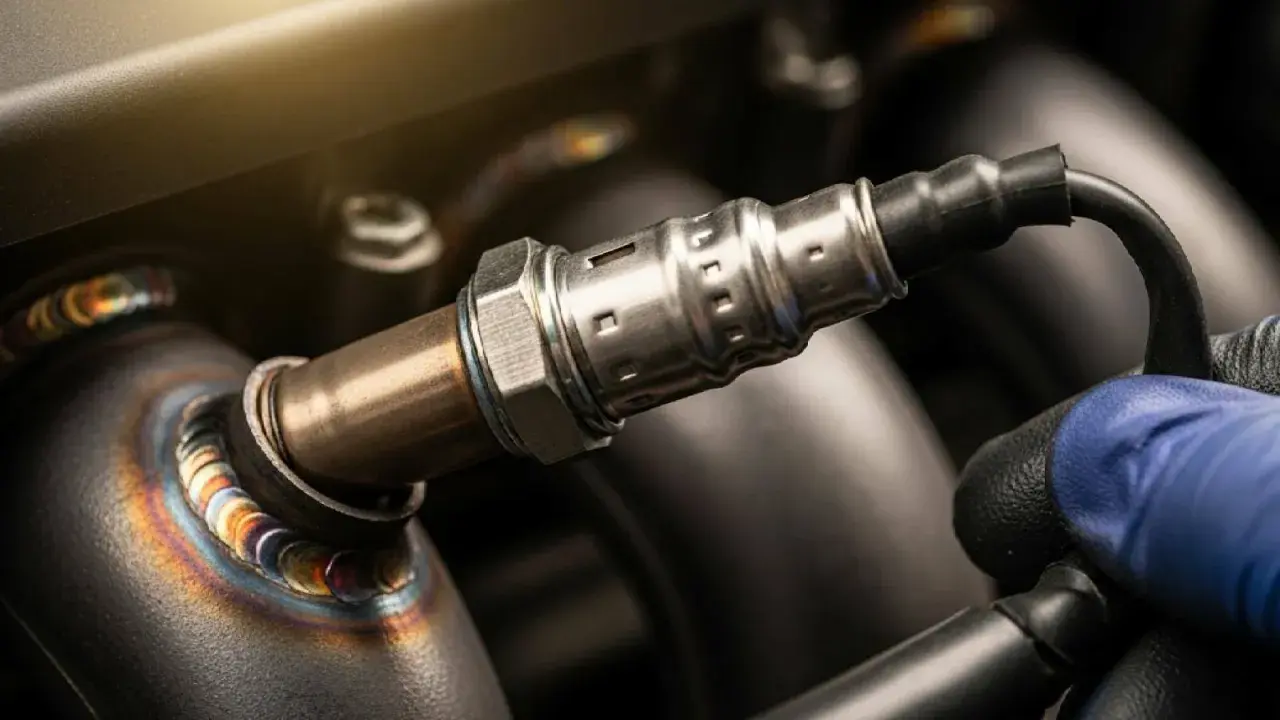 Ein Mechaniker tauscht eine Lambdasonde (p0170 opel) am Auspuffkrümmer eines Autos aus.