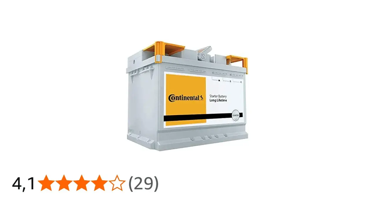 Graue Continental Starterbatterie mit gelbem Label. Gute Continental Batterie Erfahrungen sind hier zu sehen, 4,1 Sterne.