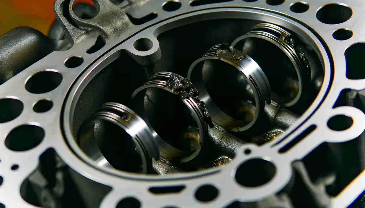 Nahaufnahme eines Motors mit sichtbaren Kolbenringen. Ablagerungen deuten auf defekte Kolbenringe Symptome hin.