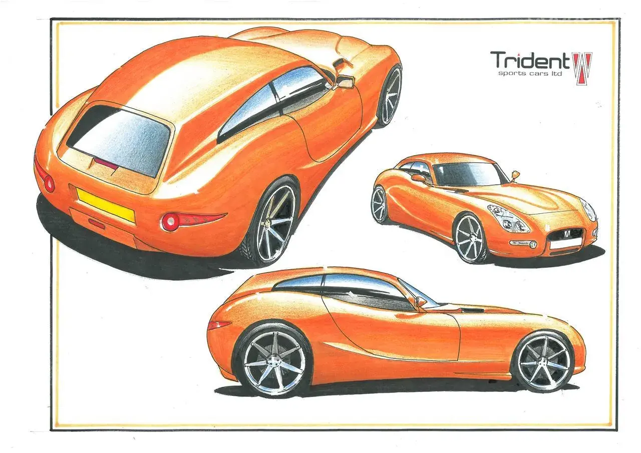 Drei Ansichten eines orangefarbenen Trident Iceni Sportwagens, gezeichnet mit einem modernen, aerodynamischen Design.
