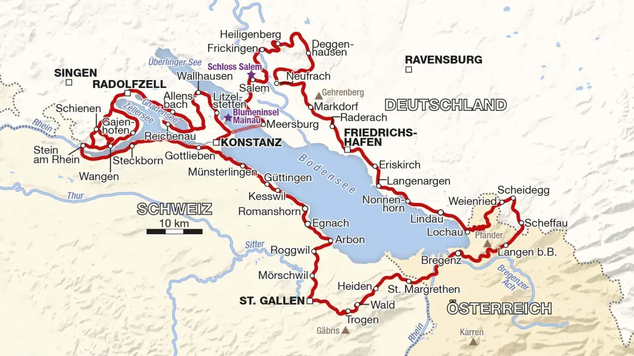 Karte der Bodensee-Region mit markierter Motorradroute, die durch Deutschland, Österreich und die Schweiz führt.