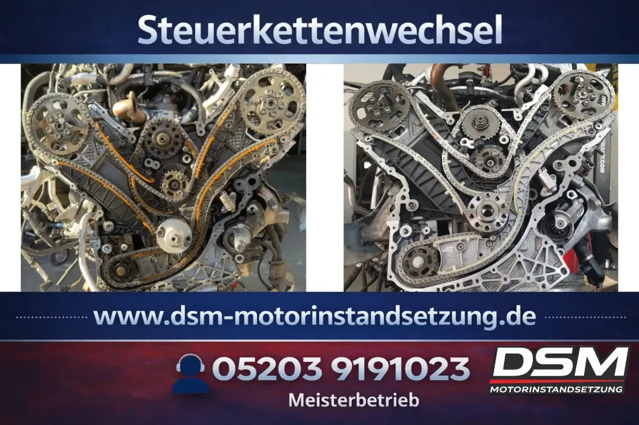 Zwei Ansichten eines Audi 3.0 TDI Motors mit freigelegtem Steuerkettensatz. Das Wechselintervall ist hier entscheidend.