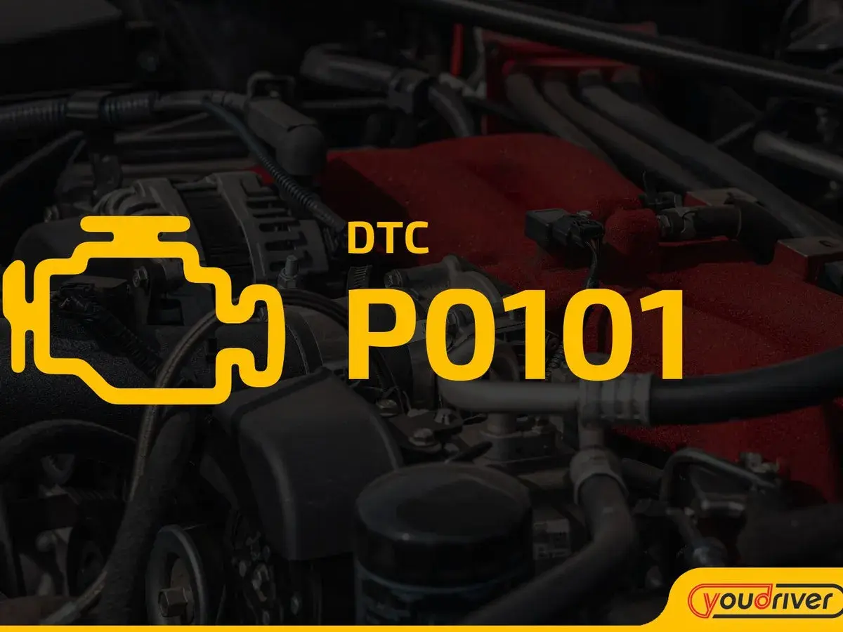 Motorraum mit gelbem Symbol für Motorkontrollleuchte und Text "DTC P0101".