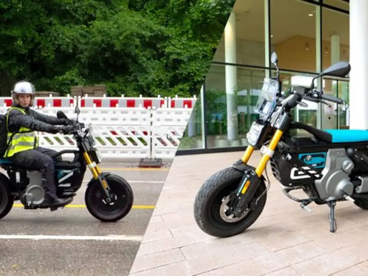 Zwei BMW E-Scooter: links ein Fahrer mit Helm und Warnweste, rechts ein Roller vor Gebäude.