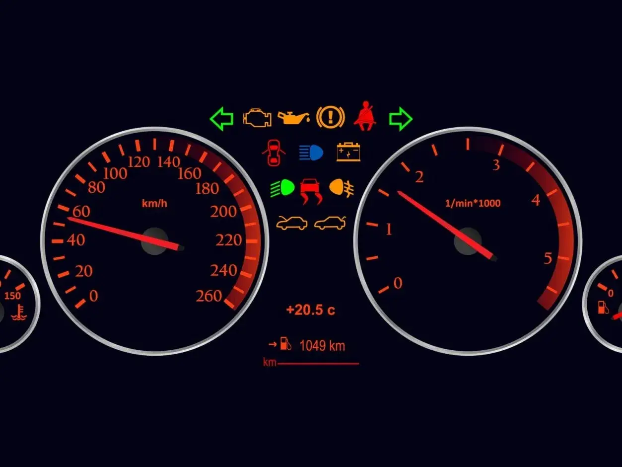 Armaturenbrett mit leuchtenden Warnsymbolen, Tachometer und Drehzahlmesser.