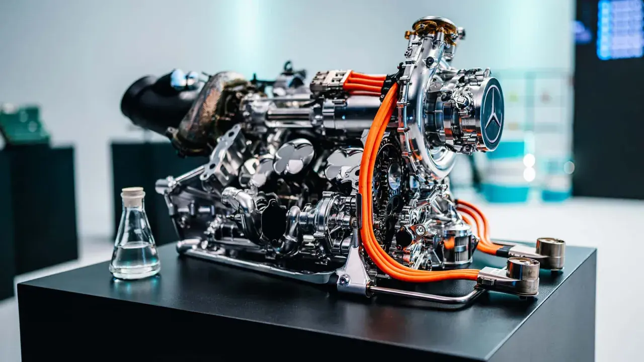 Ein hochmoderner F1 Motor, glänzend und komplex, mit leuchtend orangen Kabeln. Daneben ein Kolben und ein Becherglas mit Flüssigkeit.