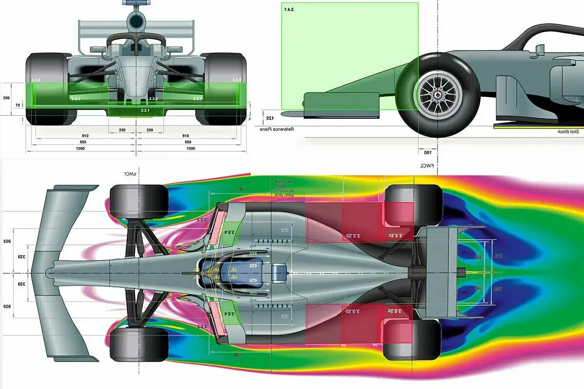 Technische Zeichnung eines Formel 1 Auto Aufbaus mit aerodynamischen Simulationen.