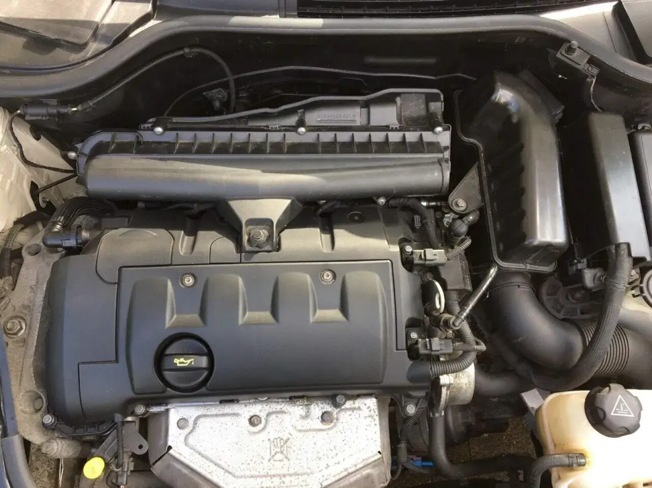 Motorraum eines Mini R56 mit sichtbarem Luftfilterkasten und Ventildeckel.