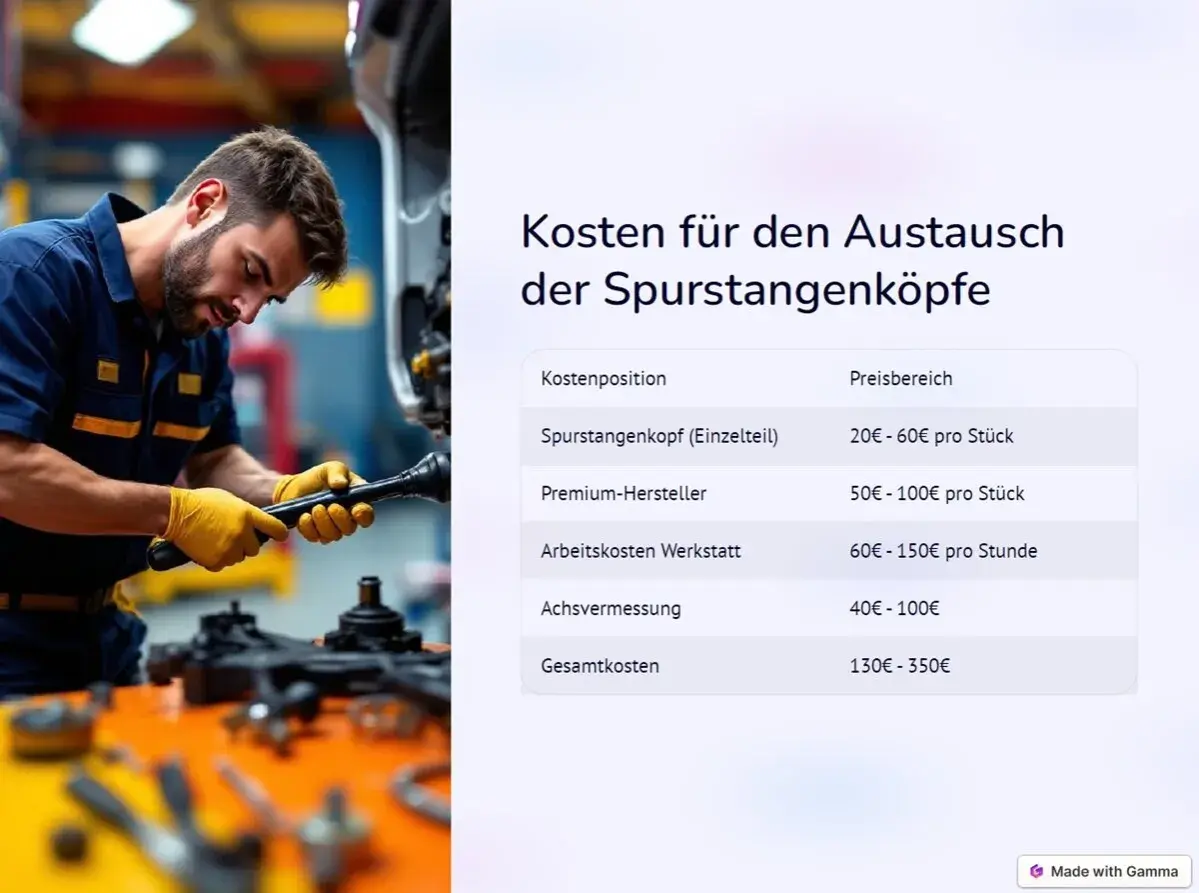 Mechaniker mit Werkzeug arbeitet an Autoteilen, daneben eine Kostentabelle für Spurstangenköpfe.