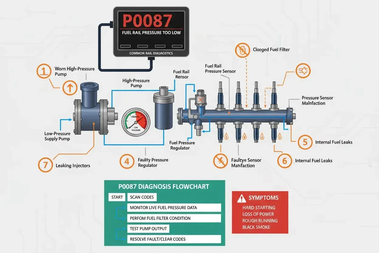 Diagramm zur Diagnose des Fehlercodes P0087 bei Mercedes: Niedriger Kraftstoffdruck. Zeigt Ursachen wie defekte Pumpe, Filter, Lecks und Symptome.
