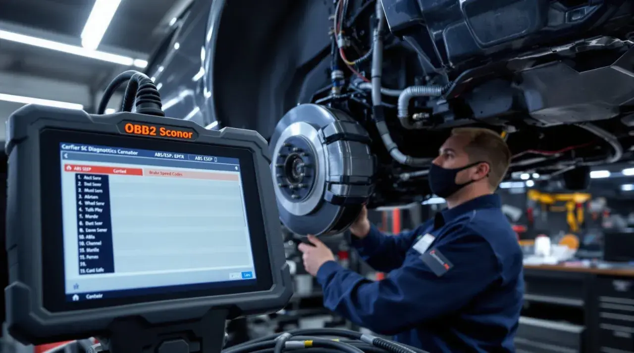 Mechaniker prüft mit einem Diagnosegerät die Bremsen eines esp auto.