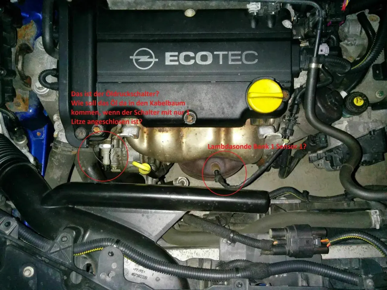 Opel Motorraum mit markiertem Öldruckschalter und Lambdasonde. Frage: Wie kommt Öl in den Kabelbaum? p0141.