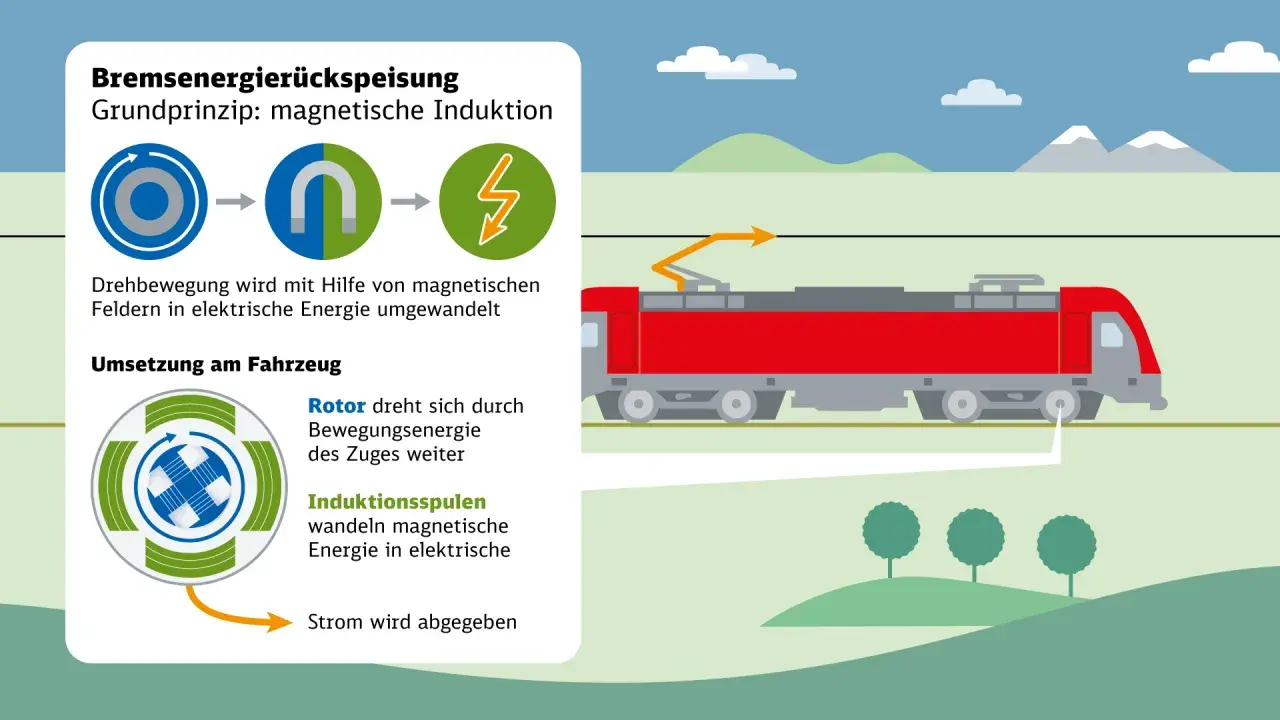Bremsen, die Vergangenheit hinter sich lassend, wandeln Bewegungsenergie in Strom um. Magnetische Induktion macht's möglich.