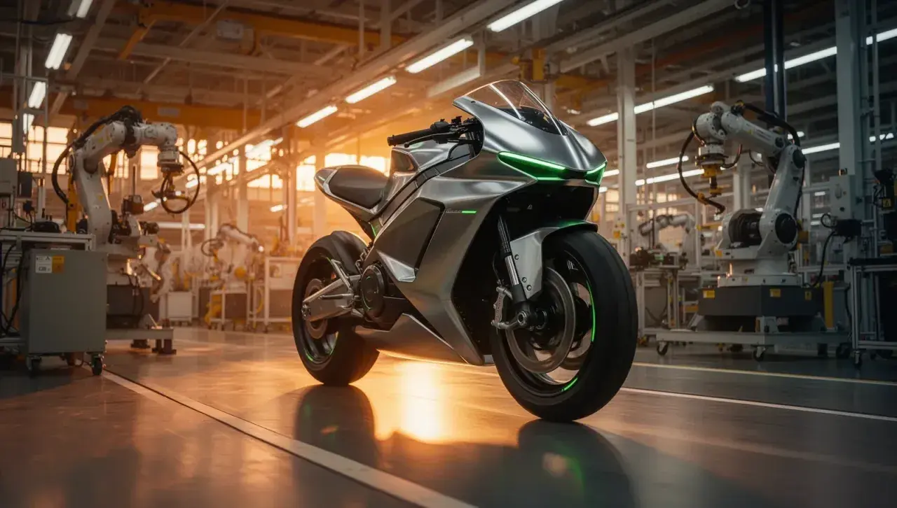 Futuristisches Motorrad mit grünen Akzenten in einer Fabrikhalle, bereit für die Zukunft der Mobilität von Pierer Mobility.