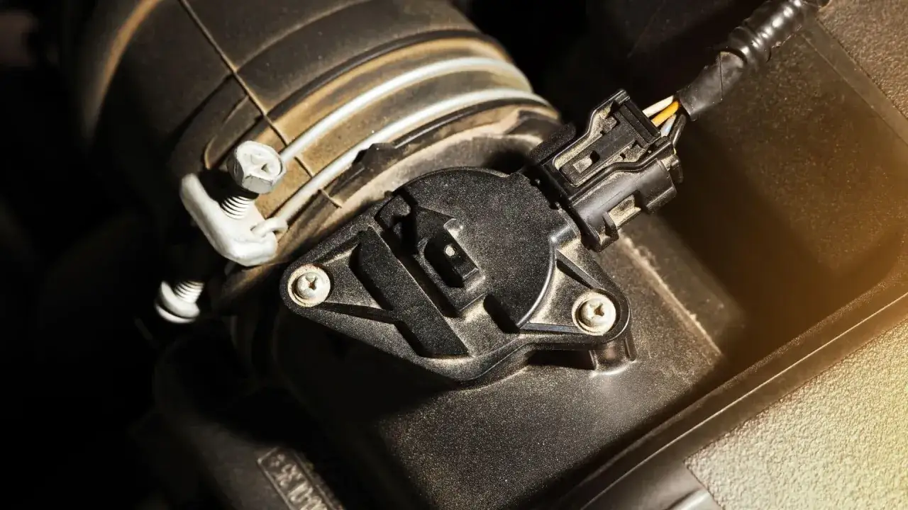 Luftmassenmesser (p0106 vw) an einem Auto. Staub bedeckt das Bauteil und den Schlauch.