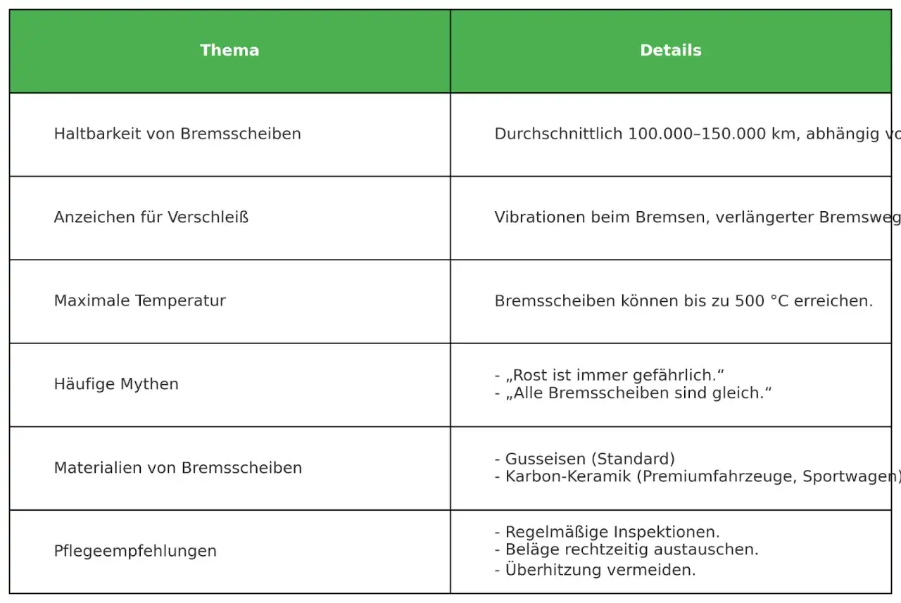 Tabelle mit Infos zu Bremsscheiben: Haltbarkeit, Verschleißanzeichen, Temperatur, Mythen, Materialien (Gusseisen, Karbon-Keramik) und Pflege.