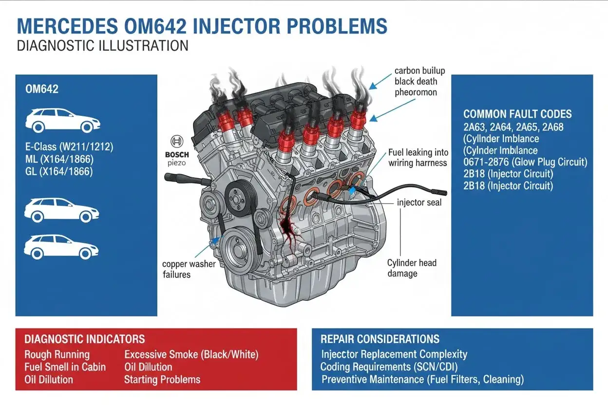 Illustration zeigt Probleme mit dem Mercedes OM642 Motor, wie z.B. undichte Einspritzdüsen und Rußbildung.