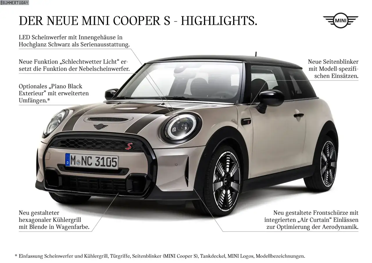 Der neue MINI Cooper S F56 in hellem Metallic-Lack mit schwarzen Akzenten und sportlichen Details.