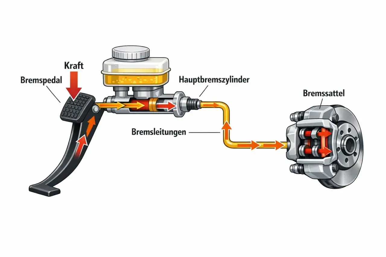 Das Diagramm zeigt, wie die Betriebsbremse funktioniert: Bremsbetätigung über Pedal, Hauptbremszylinder, Leitungen und Bremssattel.