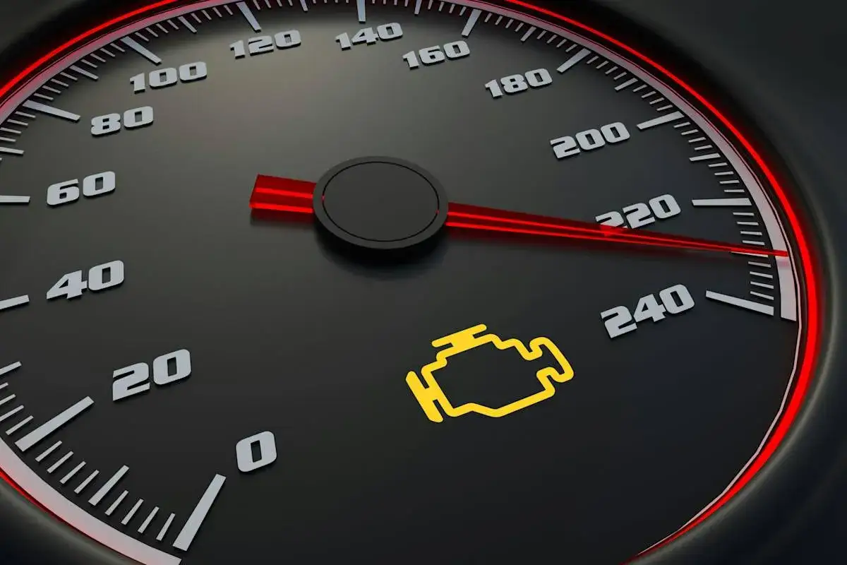 Motorkontrollleuchte leuchtet gelb, das Auto ruckelt. Tachometer zeigt 220 km/h.