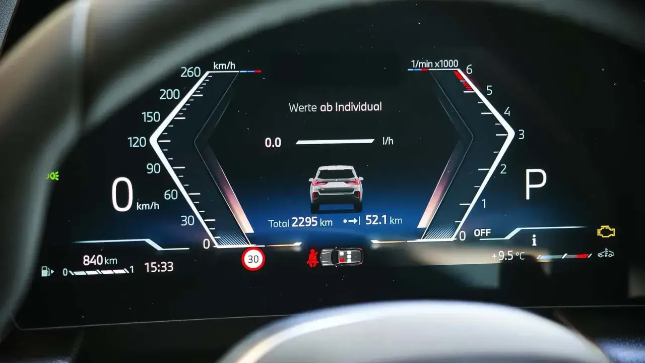 Digitales Cockpit eines BMW X1 xDrive 23d zeigt 2295 km Gesamtlaufleistung. Mögliche Probleme?