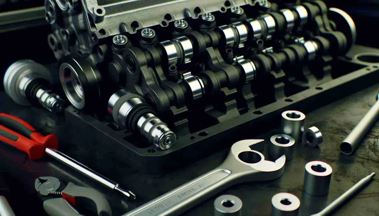 Motor mit Nockenwelle und Werkzeugen. Defekte Nockenwelle Symptome können hier durch die Demontage und Reparatur behoben werden.