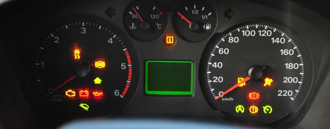 Armaturenbrett mit leuchtenden Warnleuchten: ABS, Airbag, Öl, Batterie, ESP und das check engine Lämpchen.