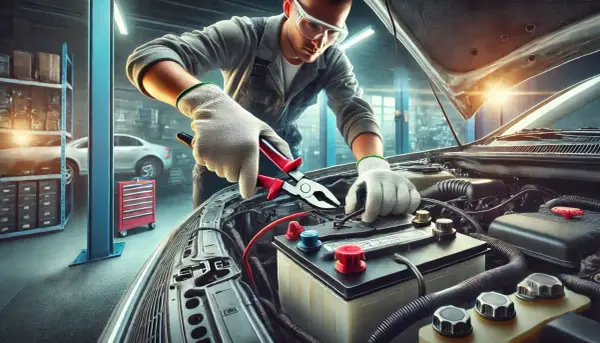 Mechaniker wechselt die audi a1 batterie. Er benutzt eine Zange, um die Kabel zu lösen.